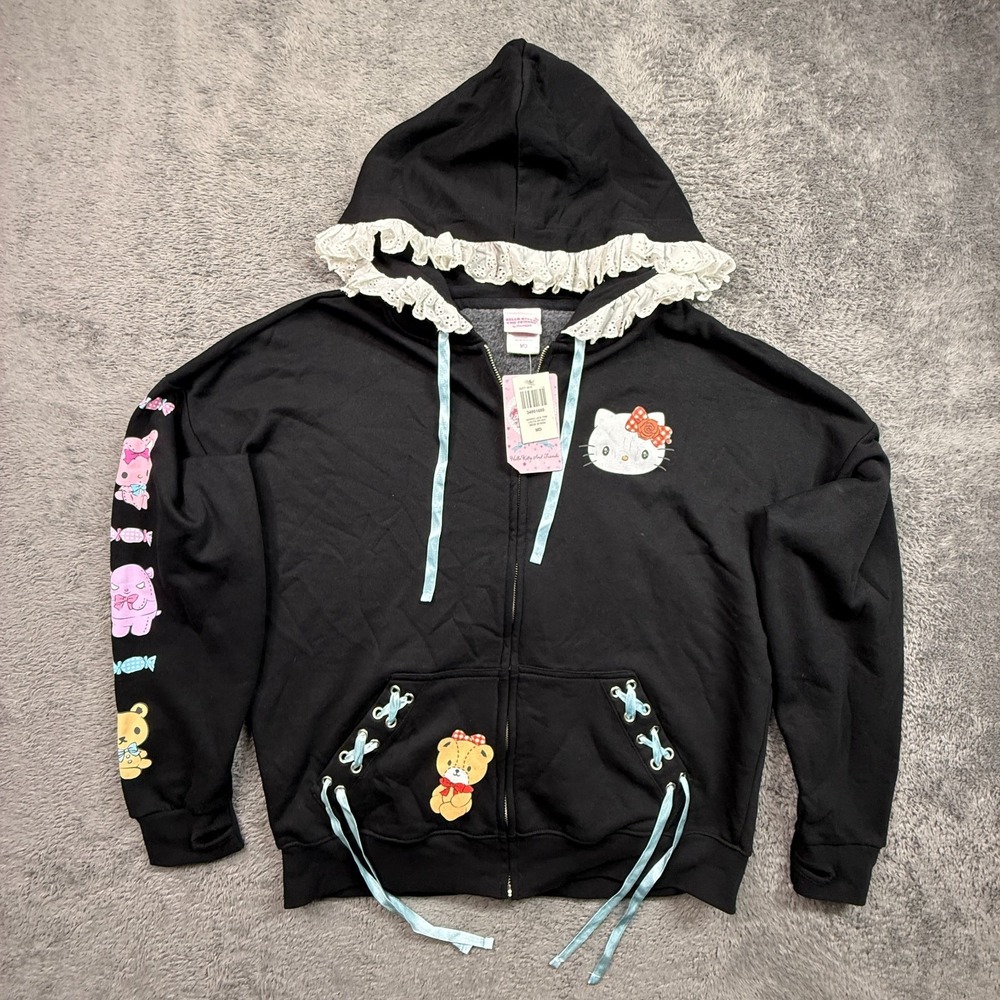 Sanrio Hello Kitty & Friends Lace Trim Lolita Hoodie Black Women M Oversized NWT